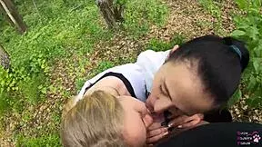 Amateur threesome blowjob outdoors with sloppy sucking.