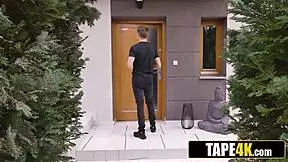 Married woman in fishnets at the wedding reception chats with a young man