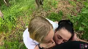 Amateur threesome blowjob outdoors with sloppy sucking.