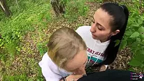 Amateur threesome blowjob outdoors with sloppy sucking.