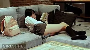 innocent asian babe gets her tight shaved pussy wet with pink dildo for daddy's huge cock