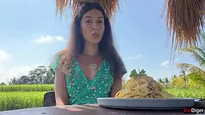 Ready for a cumwalk in a public cafe? Eating pasta carbonara with sperm on her face.
