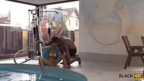 swimming lesson turns to licking shaved pussy on big black cock