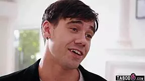 Young guy gets reverse gangbanged by five huge-boobed blonde milfs