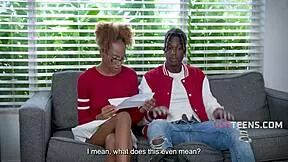 Black step sibling duo Lacey London and her not-sister partner get freely used by the tutor in an interracial orgasm-filled session with hardcore fucking and loud moaning in this British teen scene.