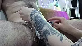 Dick shaving with oil leads to wanking and ruined orgasms before happy ending.