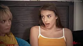 Brunette and blonde lesbians engage in wet fingering masturbation with big tits milf scissoring young small tits girl to orgasm