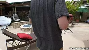 An amateur model hangs out casually by the pool for some relaxed poses.