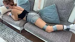 Bound indian teen blonde teased on countertop in college, moaning in bondage. Desire builds intensely.