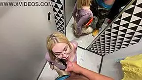 Intense Blowjob and Riding in Outdoor Changing Booth with Sexy Friend