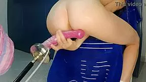 The Huge Monster Dildo Stretches Petite Lola Spice's Pussy, Making Her Squirt On The Fucking Machine.