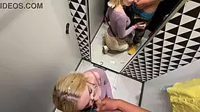 Intense Blowjob and Riding in Outdoor Changing Booth with Sexy Friend