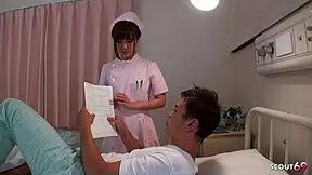 Slim japanese teen nurse with small tits seduces old ugly patient for quickie fucking in hospital.
