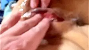 Emotional close-up of wet, shaved pussy 183 days post-virginity.