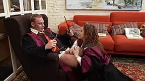 Teen Brunette Sucking Off the Headmaster for a Better Grade