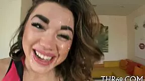 Teen licks balls and gets facial in doggystyle.