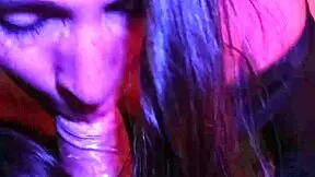 pretty brunette shortie gives deep throat blowjob in neon night. neighbors might hear moaning! 😈
