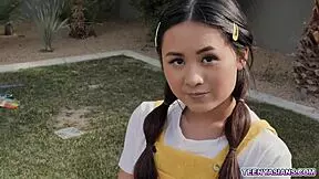 tiny asian teen gets strapon threesome punishment from neighbors, elle venove moans.