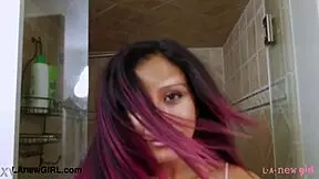 Shy Brunette With Big Hair Takes Shower During Photoshoot