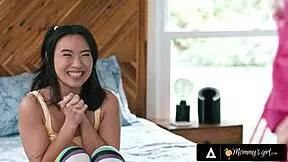 Naughty petite Kimmy Kimm lures busty stepmom Reagan Foxx into a small bikini for lesbian fun!