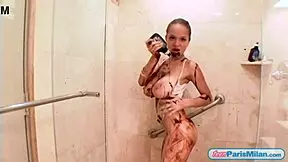 Paris Milan rips clothes in shower striptease