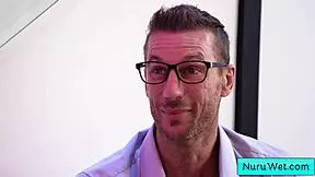 busty skinny blonde masseuse pour nuru gel on her naked body and rub herself on her client ryan mclane emma rosie