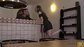 Skinny teen speaks russian to bf's dad then they fuck! 😏