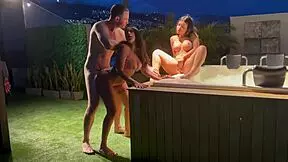 Latina girls next door in American flag bikinis invite white guy to jacuzzi