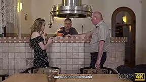 Skinny teen speaks russian to bf's dad then they fuck! 😏