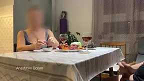 husband jerks off hidden under table during talk with step mom.