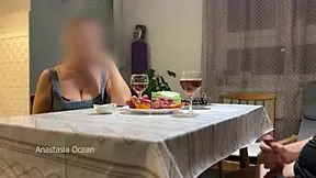 husband jerks off hidden under table during talk with step mom.