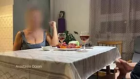 husband jerks off hidden under table during talk with step mom.