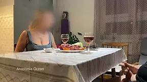 husband jerks off hidden under table during talk with step mom.