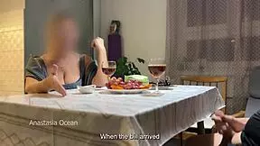 husband jerks off hidden under table during talk with step mom.