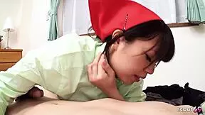 japanese maid helps small virgin guy with first fuck to make him happy