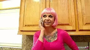 crazy pink hair inked teen 18+ with small 18+ tits seduce his big black cock friend to interracial sex 😈