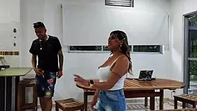 i cook up a hot fuck with my tall muscular husband in our kitchen, his big hands on my small tits and skinny latina ass