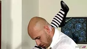 Slim Madi in costume and overknee socks lures her boss into a cheating fuck while his wife's gone.