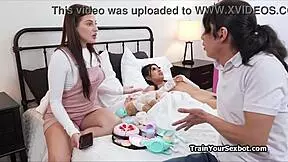 Female bot tag teamed by curious couple in group blowjob