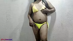 Indian shemale in lime bikini intensely masturbates and fucks anal in part 1