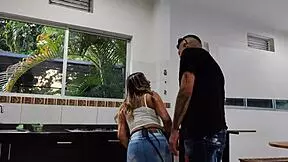 i cook up a hot fuck with my tall muscular husband in our kitchen, his big hands on my small tits and skinny latina ass