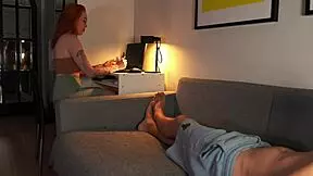 nerdy redhead shows tits sucking cock