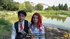 Slutty redhead Miss Olivia seduces producer with natural tits in public!