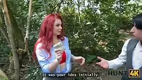 Slutty redhead Miss Olivia seduces producer with natural tits in public!