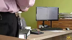 Blonde angel Katy Rose gladly does dirty office casting for loan