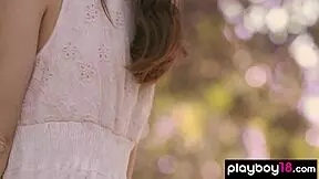 Lovely Brunette German Teen Stripping Nude Outdoor