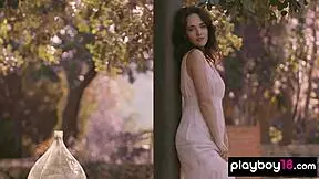 Lovely Brunette German Teen Stripping Nude Outdoor