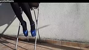 Denim Shorts, Black Tights, and Gorgeous 8 Inch Heels