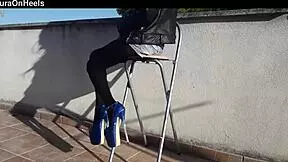 Denim Shorts, Black Tights, and Gorgeous 8 Inch Heels