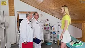 20-year-old sexy blonde girl ariela donovan gets her aroused pussy examined by 2 old gynecologists